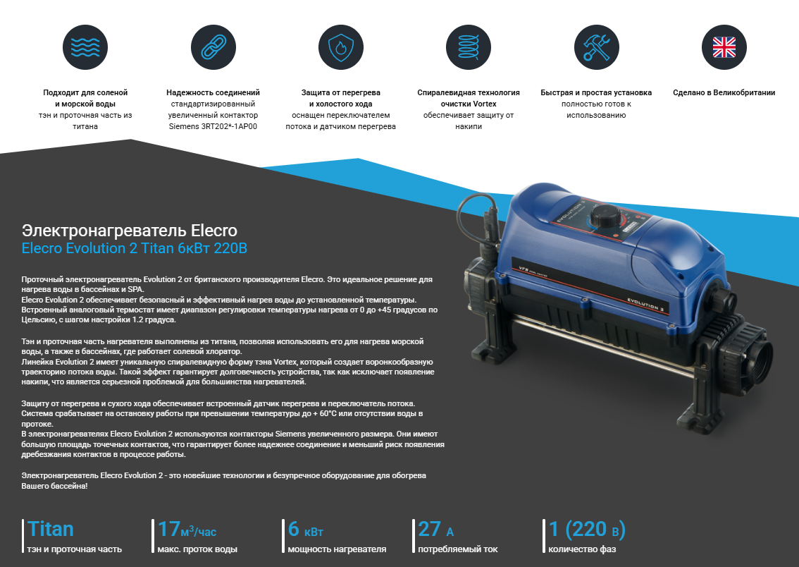 Электронагреватель Elecro Evolution 2 Titan 6кВт 220В