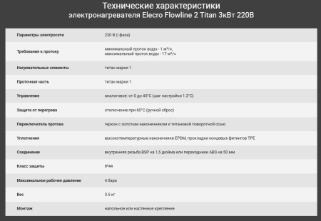 Электронагреватель Elecro FlowLine2 3kw 220v (тэн/корпус Titan)